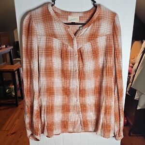 Universal Thread Rust and Cream Plaid Button-Down Blouse
